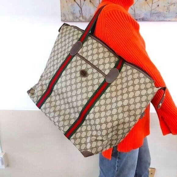 Gucci XL Travel Tote Supreme Web Canvas Boston Bag Duffle Sherry Purse Weekender